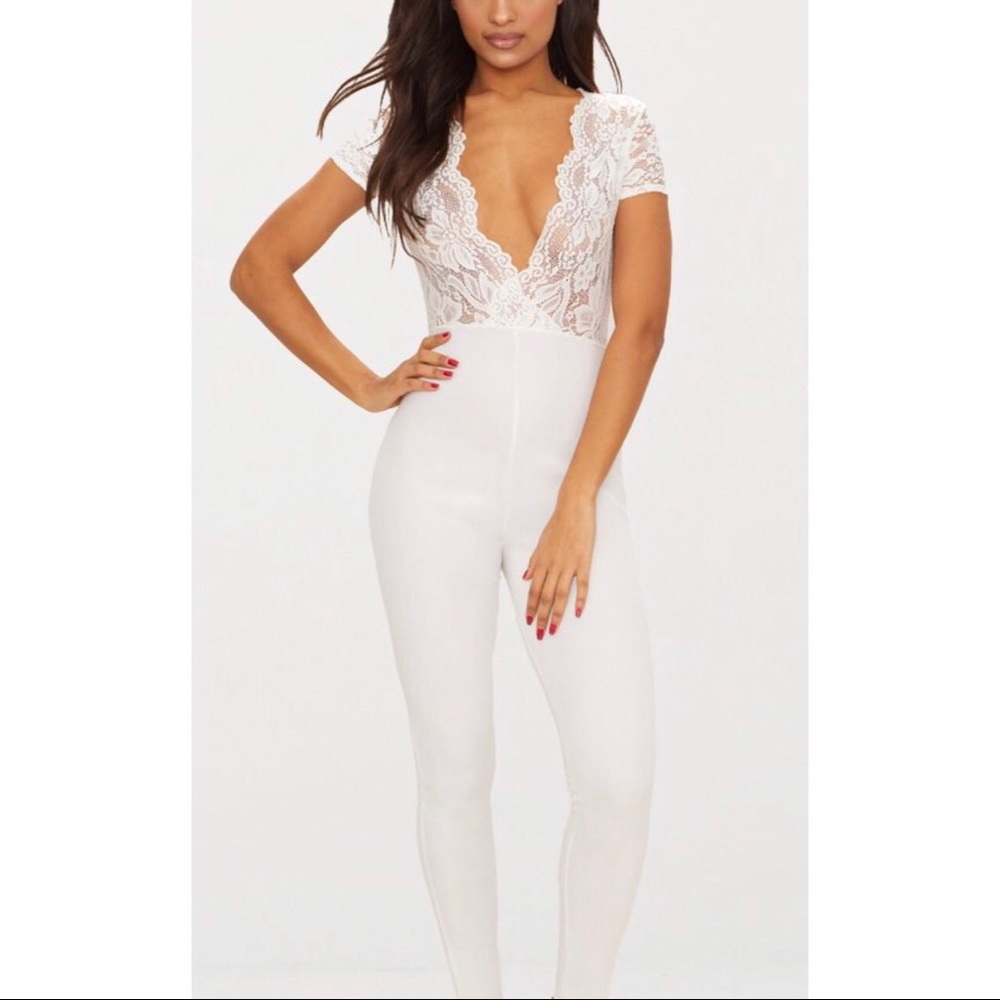 PrettyLittleThing White Lace Jumpsuit